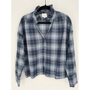 WE ARE SUNDAYS WEBER SHIRT MIDNIGHT PLAID RUFFLE COLLAR BUTTON DOWN MEDIUM